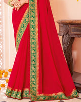 Vishal Prints Cherry Red Chiffon Saree With Zari Border