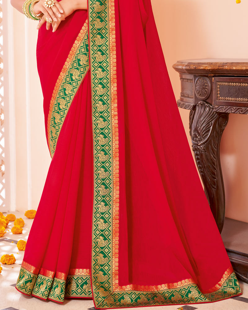 Vishal Prints Cherry Red Chiffon Saree With Zari Border