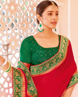 Vishal Prints Cherry Red Chiffon Saree With Zari Border