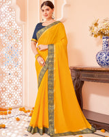 Vishal Prints Golden Yellow Chiffon Saree With Zari Border