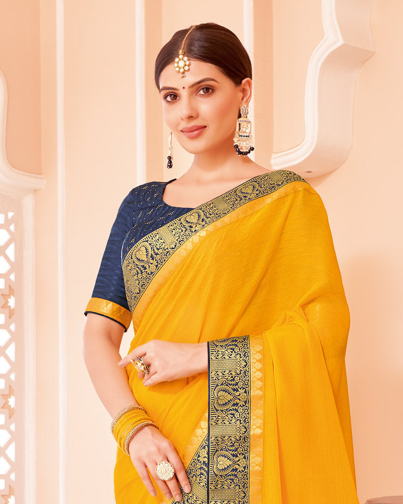 Vishal Prints Golden Yellow Chiffon Saree With Zari Border