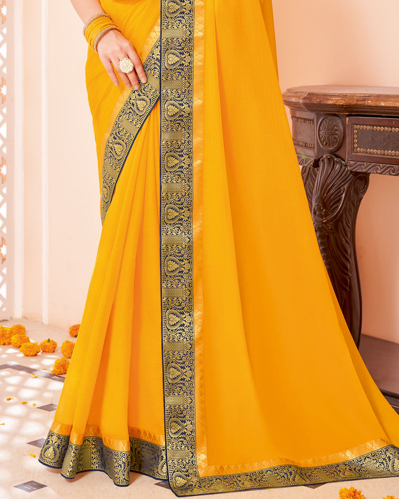 Vishal Prints Golden Yellow Chiffon Saree With Zari Border