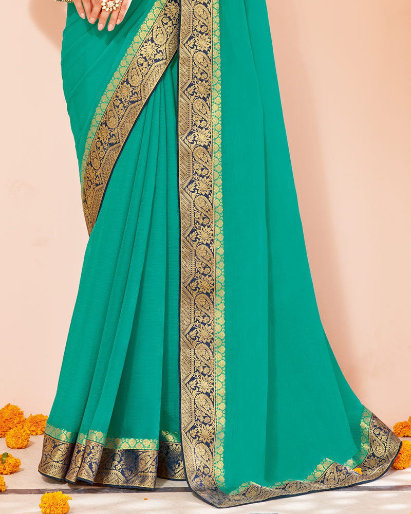 Vishal Prints Aqua Green Chiffon Saree With Zari Border