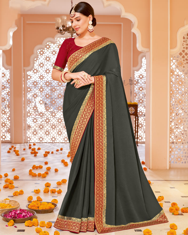 Vishal Prints Dark Grey Chiffon Saree With Zari Border