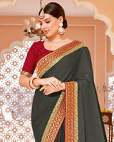 Vishal Prints Dark Grey Chiffon Saree With Zari Border