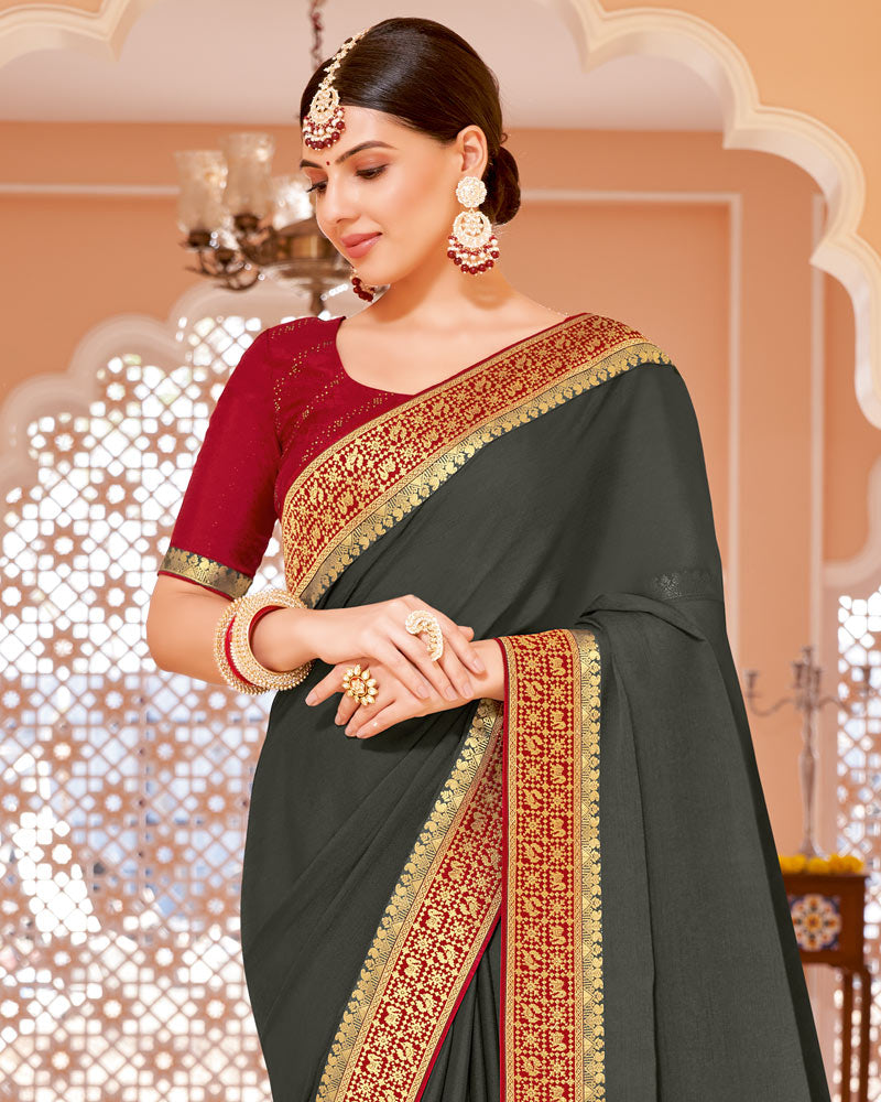 Vishal Prints Dark Grey Chiffon Saree With Zari Border
