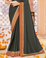 Vishal Prints Dark Grey Chiffon Saree With Zari Border