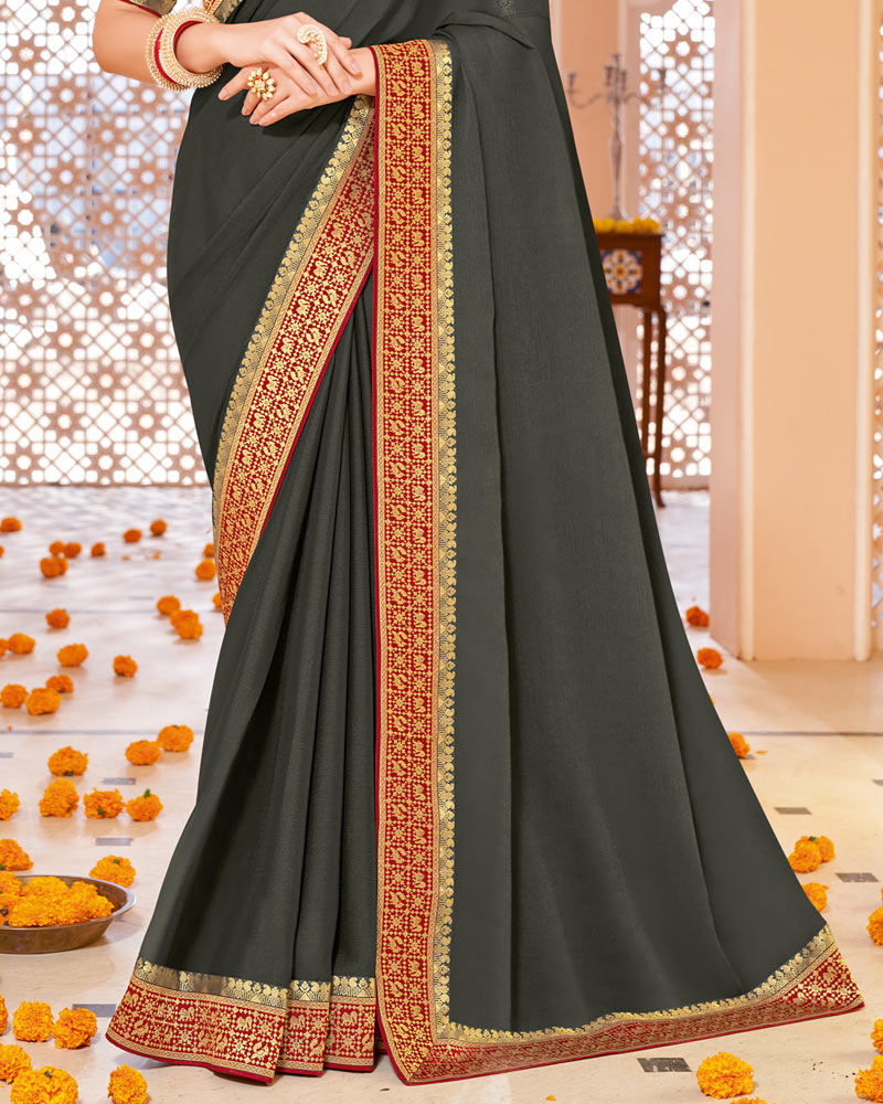 Vishal Prints Dark Grey Chiffon Saree With Zari Border