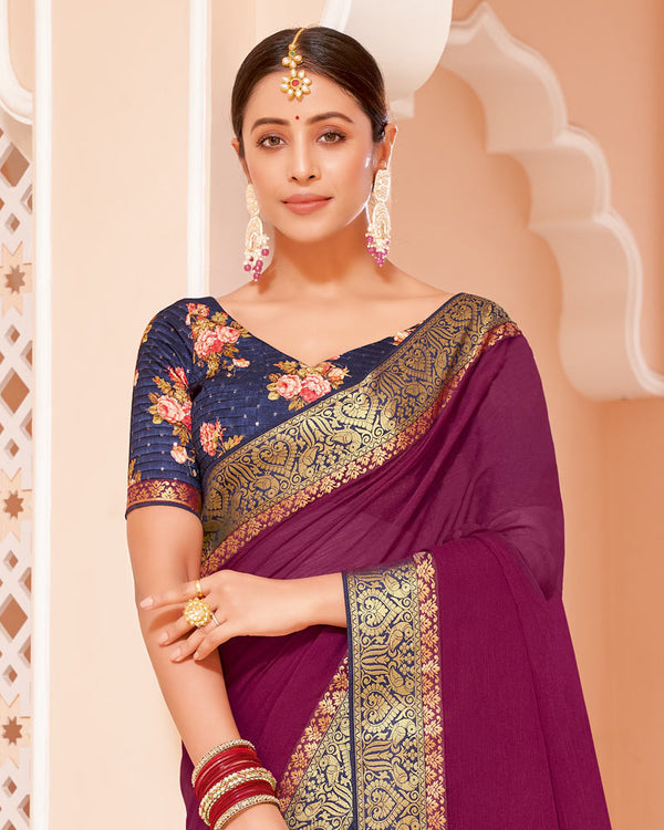 Vishal Prints Wine Chiffon Saree With Zari Border
