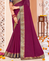 Vishal Prints Wine Chiffon Saree With Zari Border