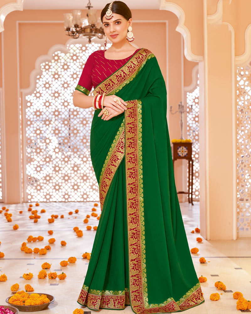 Vishal Prints Dark Green Chiffon Saree With Zari Border