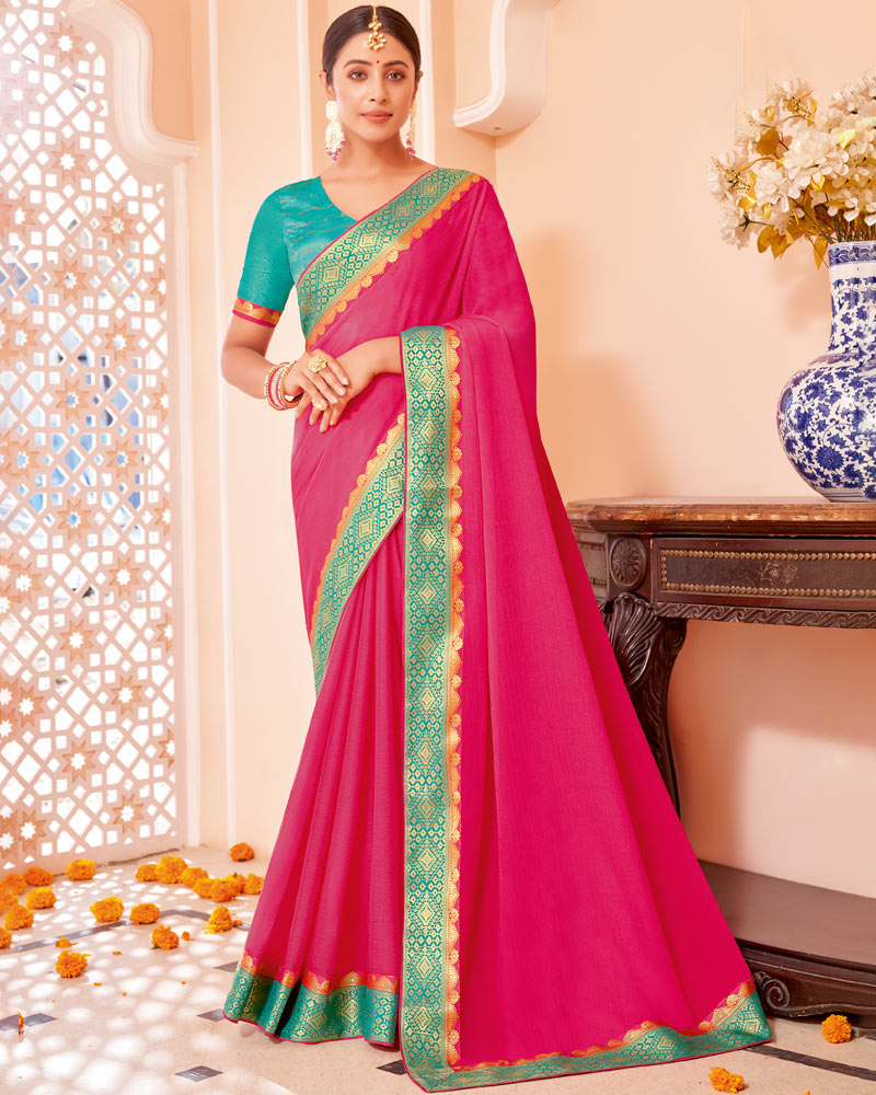Vishal Prints Dark Pink Chiffon Saree With Zari Border