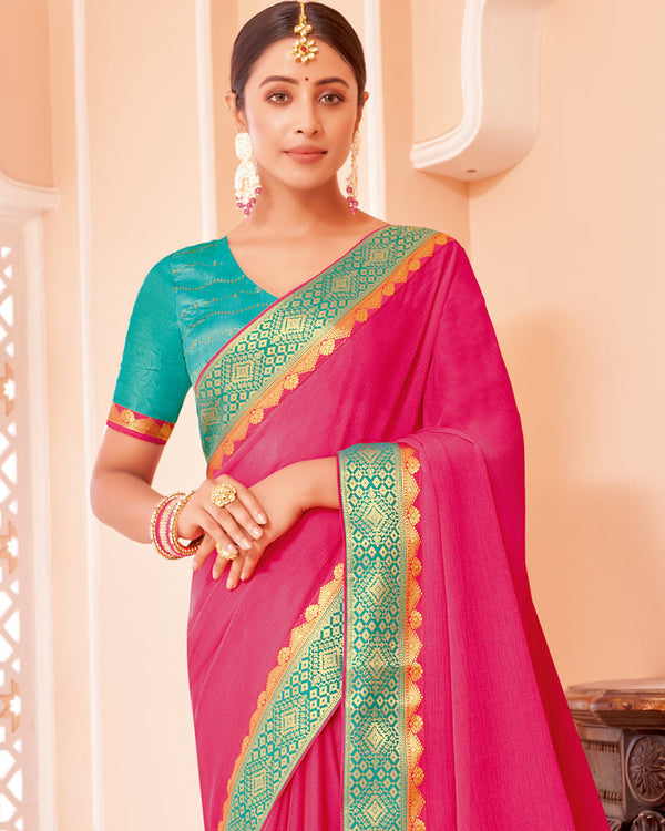 Vishal Prints Dark Pink Chiffon Saree With Zari Border
