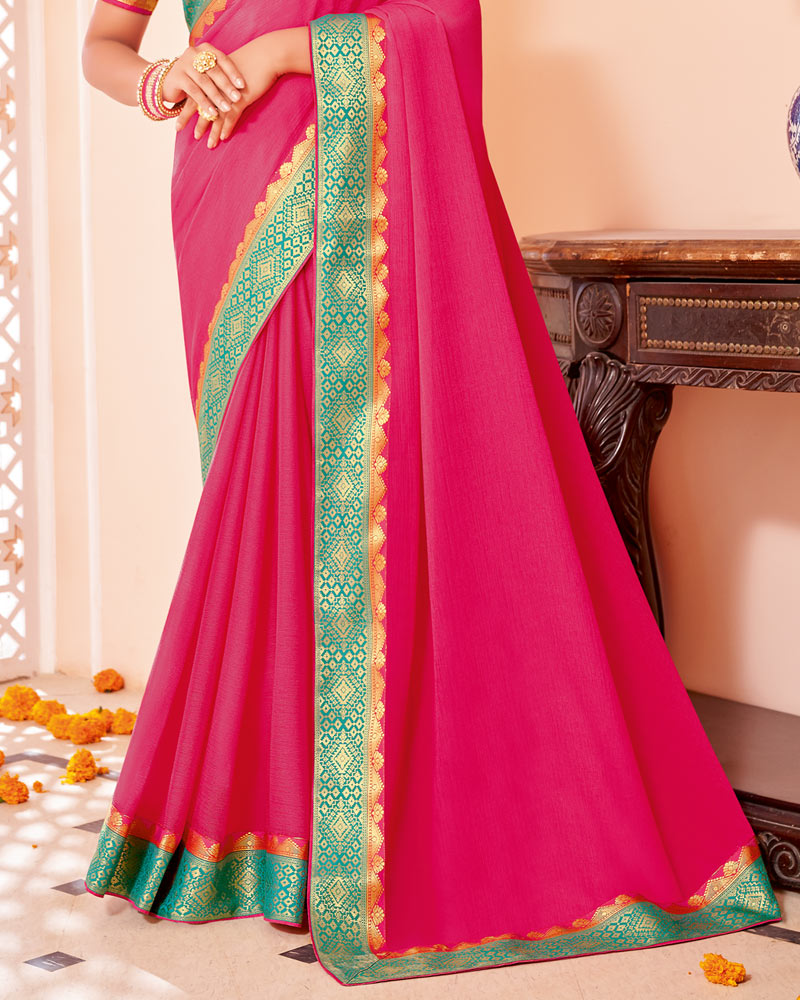 Vishal Prints Dark Pink Chiffon Saree With Zari Border