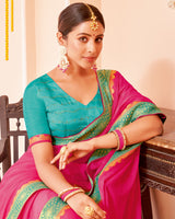 Vishal Prints Dark Pink Chiffon Saree With Zari Border