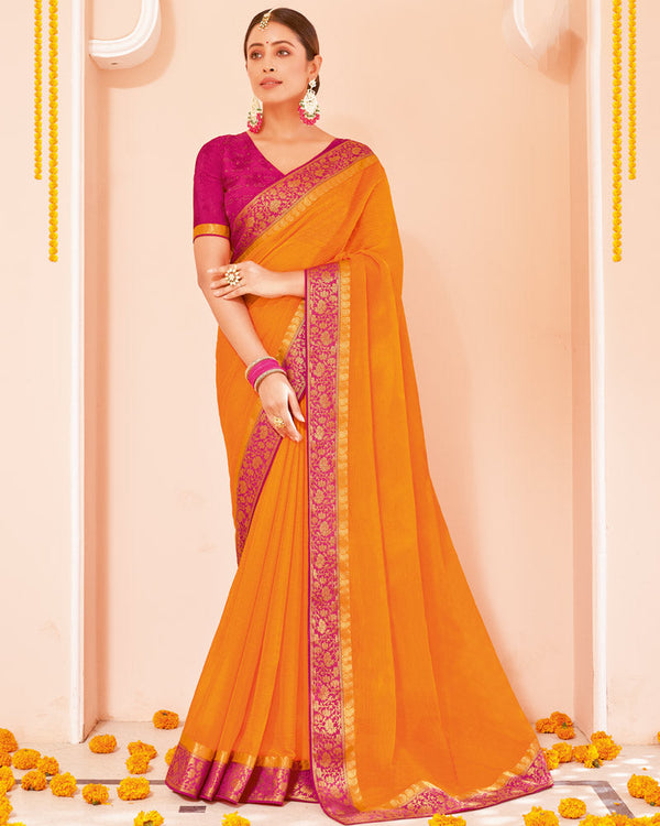 Vishal Prints Yellowish Orange Chiffon Saree With Zari Border