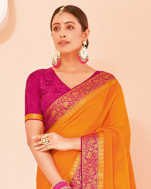 Vishal Prints Yellowish Orange Chiffon Saree With Zari Border