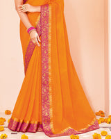 Vishal Prints Yellowish Orange Chiffon Saree With Zari Border