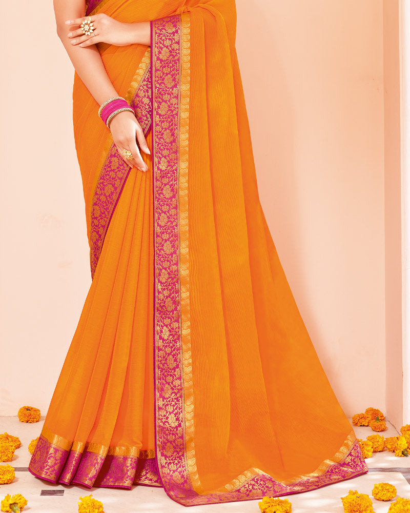 Vishal Prints Yellowish Orange Chiffon Saree With Zari Border