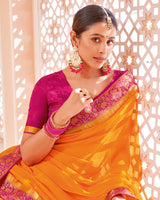 Vishal Prints Yellowish Orange Chiffon Saree With Zari Border