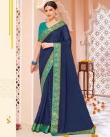 Vishal Prints Ink Blue Chiffon Saree With Zari Border