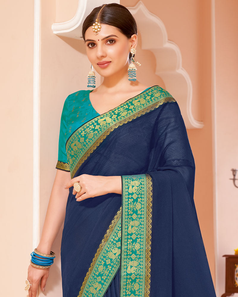 Vishal Prints Ink Blue Chiffon Saree With Zari Border