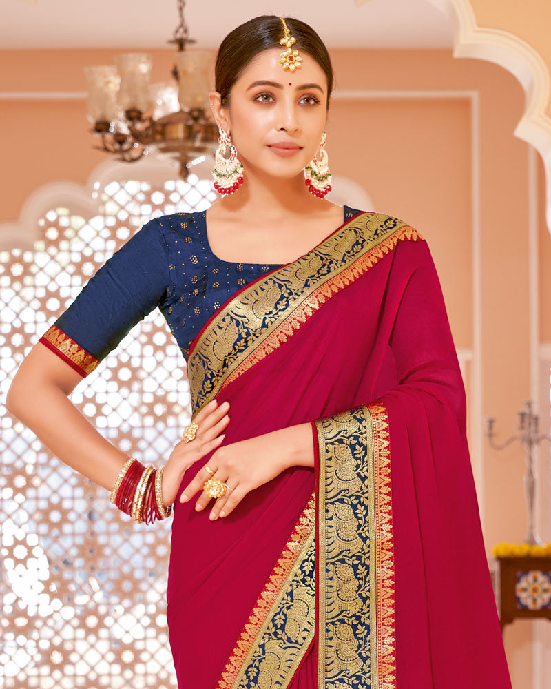 Vishal Prints Burgundy Chiffon Saree With Zari Border
