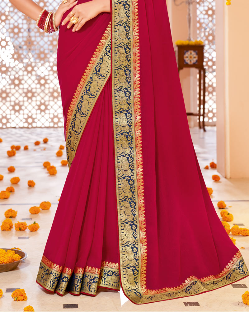 Vishal Prints Burgundy Chiffon Saree With Zari Border