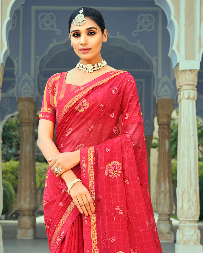 Vishal Prints Pinkish Red Georgette Saree With Embroidery Work And Border