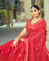 Vishal Prints Pinkish Red Georgette Saree With Embroidery Work And Border