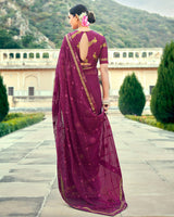Vishal Prints Wine Georgette Saree With Embroidery Work And Border