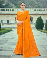 Vishal Prints Orange Georgette Saree With Embroidery Work And Border