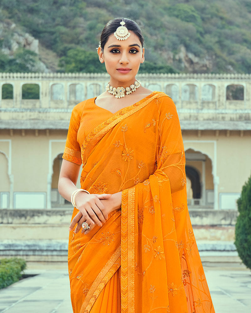 Vishal Prints Orange Georgette Saree With Embroidery Work And Border