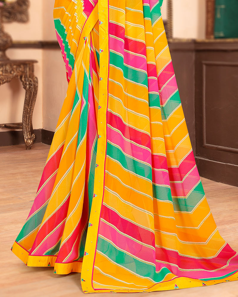 Vishal Prints Golden Yellow Printed Georgette Saree With Fancy Border