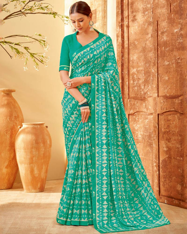 Vishal Prints Aqua Green Printed Criva Crepe Saree With Fancy Border