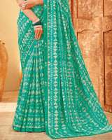 Vishal Prints Aqua Green Printed Criva Crepe Saree With Fancy Border