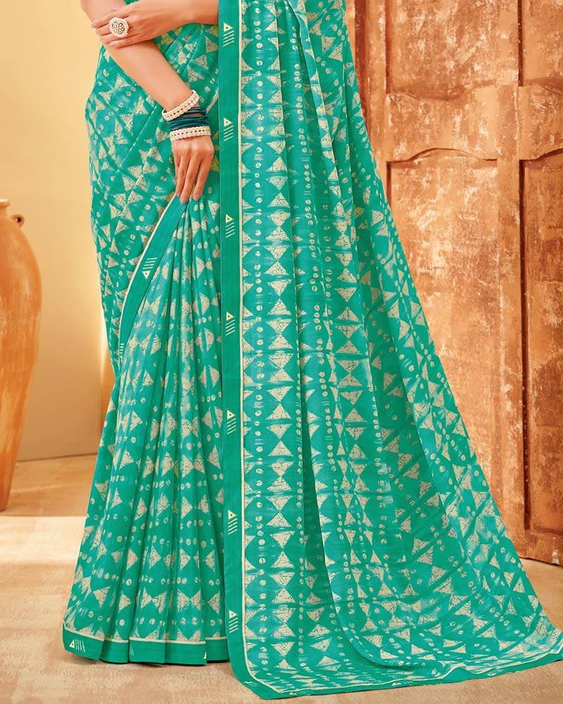 Vishal Prints Aqua Green Printed Criva Crepe Saree With Fancy Border