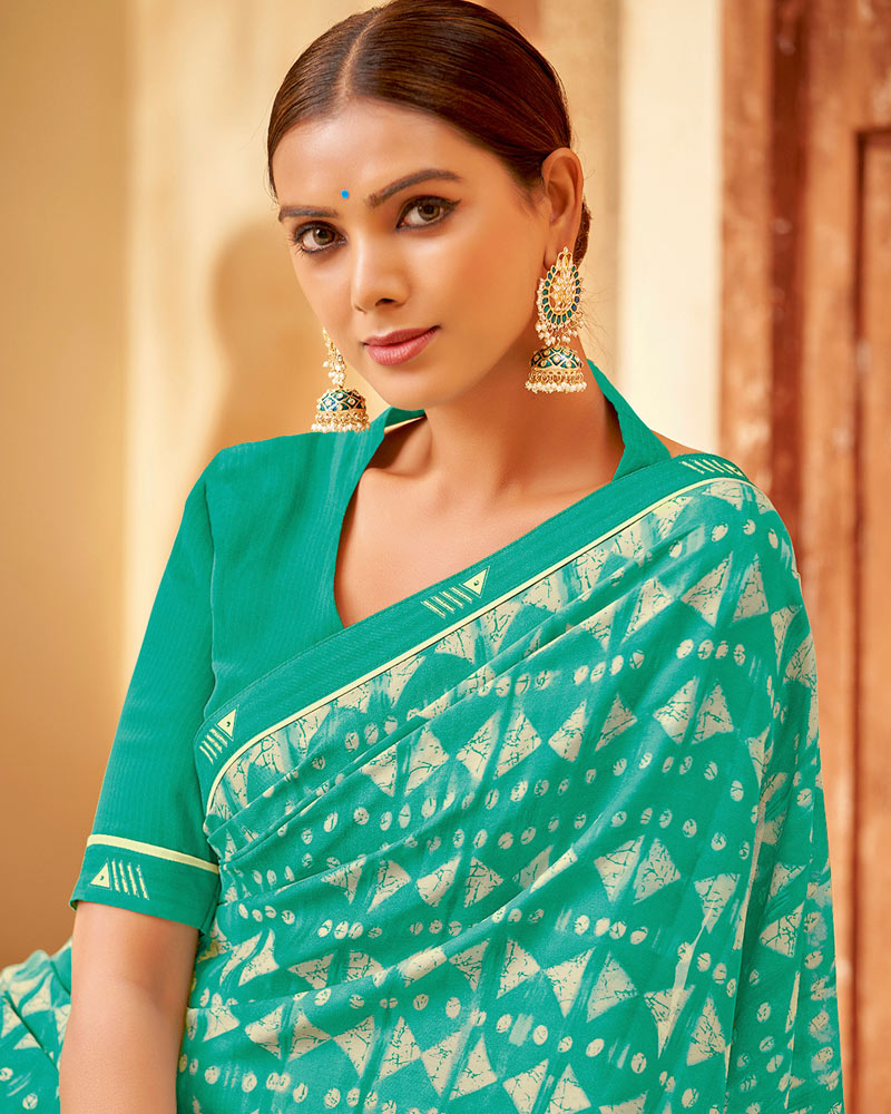 Vishal Prints Aqua Green Printed Criva Crepe Saree With Fancy Border
