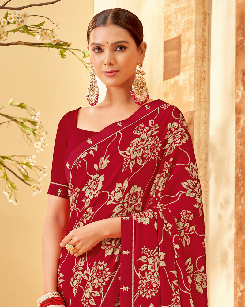 Vishal Prints Burgundy Printed Criva Crepe Saree With Fancy Border
