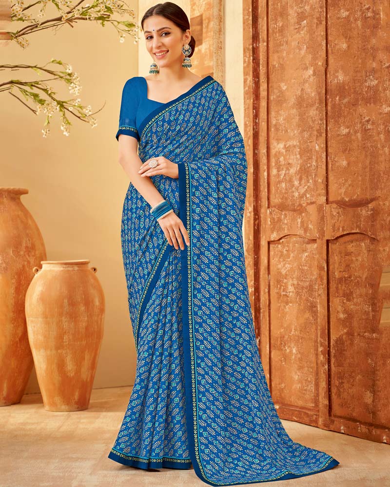 Vishal Prints Bahama Blue Printed Criva Crepe Saree With Fancy Border