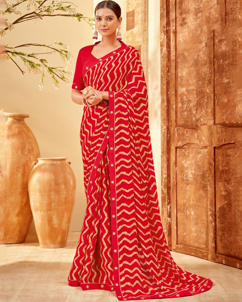 Vishal Prints Cherry Red Printed Criva Crepe Saree With Fancy Border