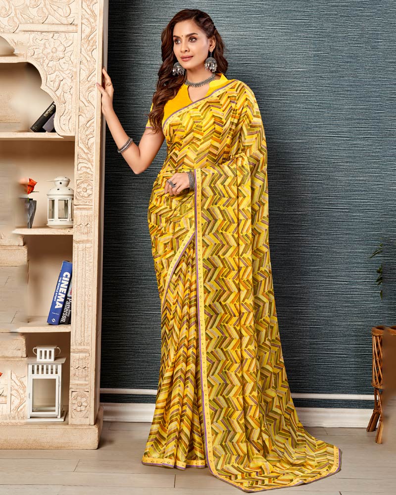 Vishal Prints Light Yellow Printed Brasso Saree With Fancy Border
