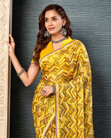 Vishal Prints Light Yellow Printed Brasso Saree With Fancy Border