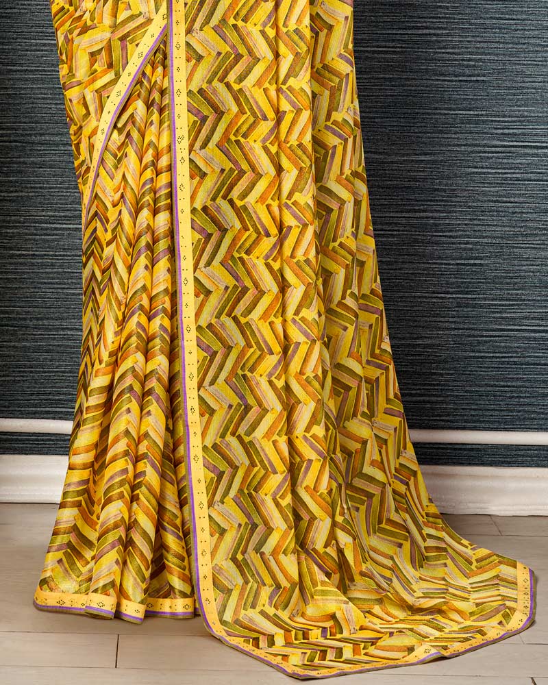 Vishal Prints Light Yellow Printed Brasso Saree With Fancy Border