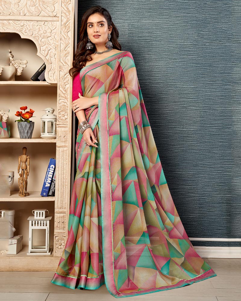 Vishal Prints Dark Turquoise Blue Printed Brasso Saree With Fancy Border