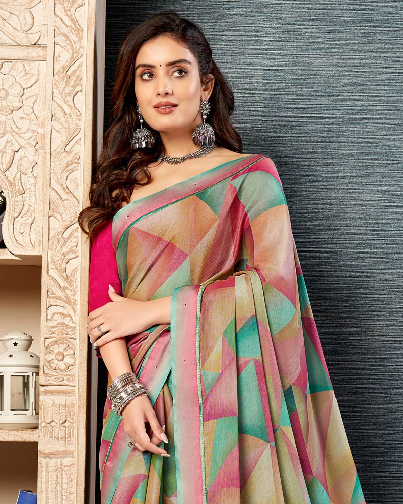 Vishal Prints Dark Turquoise Blue Printed Brasso Saree With Fancy Border