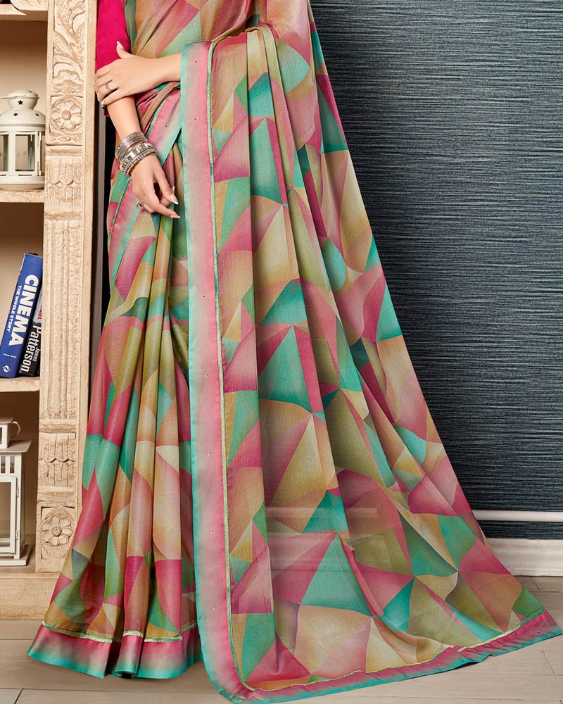 Vishal Prints Dark Turquoise Blue Printed Brasso Saree With Fancy Border