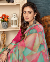 Vishal Prints Dark Turquoise Blue Printed Brasso Saree With Fancy Border