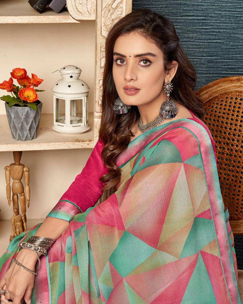 Vishal Prints Dark Turquoise Blue Printed Brasso Saree With Fancy Border