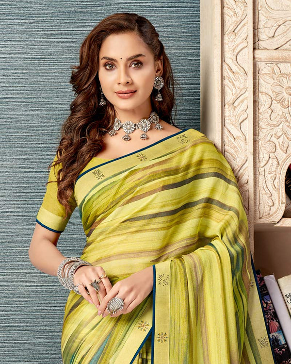Vishal Prints Light Yellow Printed Brasso Saree With Fancy Border